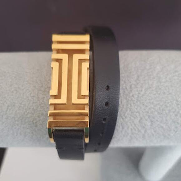 Tory Burch Fit Bit Double Wrap Bracelet 18k Yellow Gold and Black Leather - Picture 1 of 8